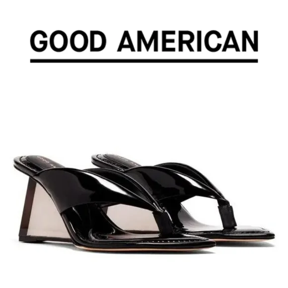 Patent leather Good American Cinder-f*king-rella Black Thong Clear Sandal Wedges - Picture 1 of 2